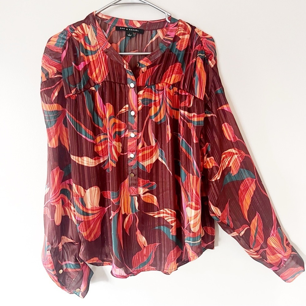 Zac & Rachel Artsy Romantic Blouse Top Large Boho Chic Office Career Burgundy